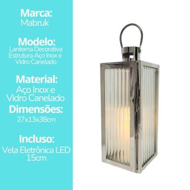 Imagem de Lanterna Decorativa Iluminada Inox e Vidro Canelado Luxo 32cm e Vela LED - Mabruk