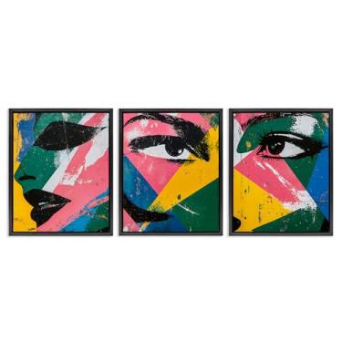 Imagem de Stupell Industries Face & Eyes Fractal 3 peças preto emoldurado conjunto de tela flutuante design por Walker Noble, 25 x 31