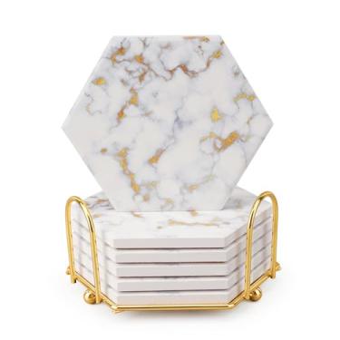 Imagem de Geichan Porta-Copos De Mármore Absorvente Com Base Cortiça, 6 Peças Suporte Mesa Madeira Para Bebidas, Conjunto Cerâmica Dourada Decoração Casa E Inauguração (Branco Luxo 06)