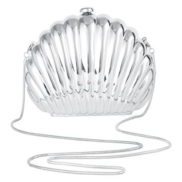 Imagem de Quniko Bolsa feminina para noite bolsa de mão de acrílico em forma de concha bolsa transversal bolsa de corrente, Prata, One Size