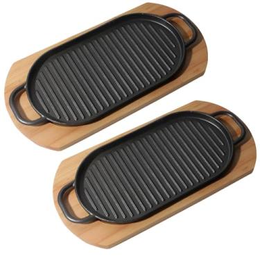 Imagem de Conjunto de frigideira de ferro fundido Fajita, 2 peças, conjunto de frigideiras Fajita de ferro fundido com base de madeira, pré-temperado para cozinhar antiaderente, conjunto de panelas de ferro