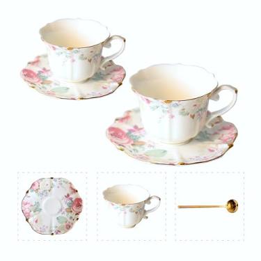 Imagem de Conjunto de xícara de chá e pires de porcelana floral vintage com colher, acabamento dourado, 181 g - conjunto de 2, rosa - xícaras de chá e café expresso e café (2, rosa)