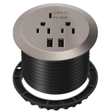 Imagem de TOPGREENER Desktop Power Grommet with 60W PD for MacBook, GaN Desk Grommet with 1 Fast Charging USB-C Port, 2 USB-A Ports and Duplex Receptacles, TTRP48APD60-NK, Nickel