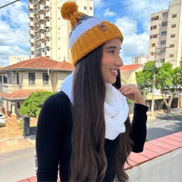Imagem de Conjunto Touca Pompom Listrada Com Cachecol Gola Lã Macio Quentinho - 