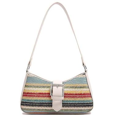 Imagem de RTGGSEL Boho Summer Retro Bolsa Feminina de Palha Rattan Praia Bolsa de Ombro Bolsa Hobo Underarm Bolsa de Palha, Branco, multicolorido, Boêmio