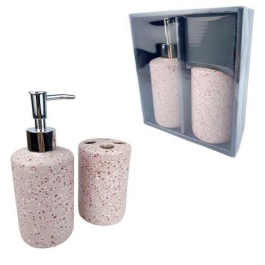 Imagem de Kit Lavabo Banheiro Cerâmica Saboneteira Porta Escova Luxo Rosa - M1
