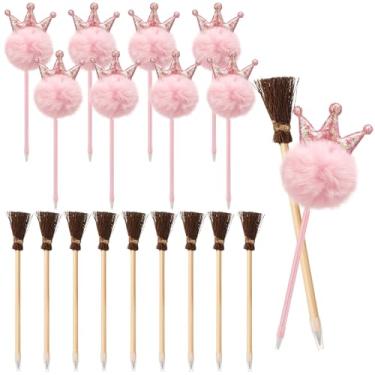 Imagem de AmazingSpark 18 peças de lembrancinhas de festa de princesa e bruxa em forma de vassoura de bruxa, caneta esferográfica de pelúcia rosa, adequada para lembrancinhas de festa de bruxas, presente de