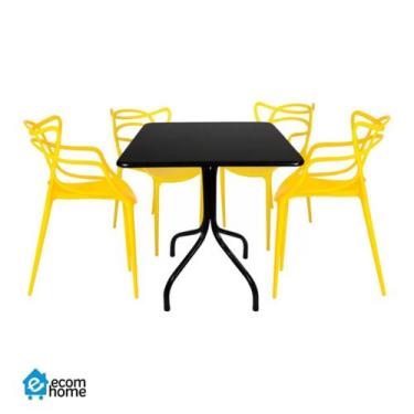 Imagem de Jogo de Mesa Moema 70x70cm Preto com 4 Cadeira Allegra Amarela Jantar 