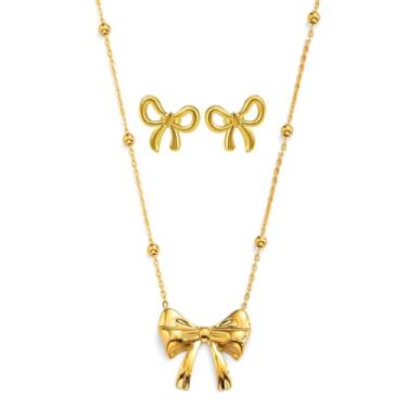 Imagem de JczR.Y Colar de laço de ouro, colar de coração de pérola, brincos para mulheres, aço inoxidável, laço, pingente, colar, conjunto de joias delicadas, presente, Aço inoxidável, Sem Pedra Preciosa