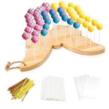 Imagem de Suporte de bolo de bambu, suporte de pop de bolo, suporte de bolo de 46 furos para mesa de sobremesa, suporte de pirulito, kit de pop de bolo inclui 90 palitos e envoltórios de bolo (borboleta, 46