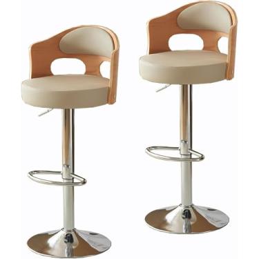 Imagem de Bancos De Bar De Metal De Design Artístico, Encosto De Madeira Maciça Envolvida, Banco Giratório De Assento De Couro, Bancos De Ilha De Cozinha Elevatórios Para Sala De, Yellow, Cowhide 2pcs