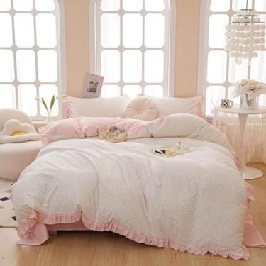 Imagem de HighBuy Conjunto de edredom floral rosa, solteiro, GG, com babados, fofo, 2 fronhas de renda, listras reversíveis, conjunto de edredom aconchegante para meninas e mulheres