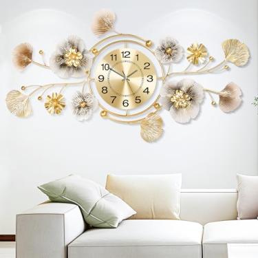 Imagem de JXQXYN Relógios de parede para decoração de sala de estar, relógio de parede grande silencioso, design de folha de ginkgo de metal 3D, pode ser suspenso vertical ou horizontalmente, relógio de parede