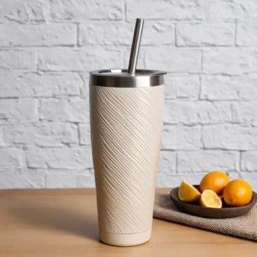 Imagem de Copo Térmico Parede Dupla em Aço Inox Bege 500ml com Canudo - Estilo Texturizado