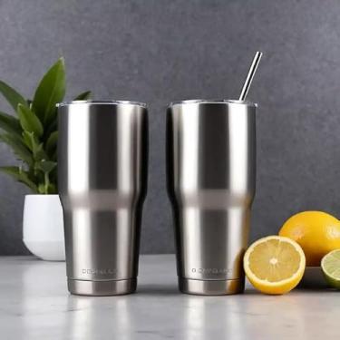 Imagem de Copo Térmico Parede Dupla em Aço Inox Cinza 500ml com Canudo - Estilo Liso