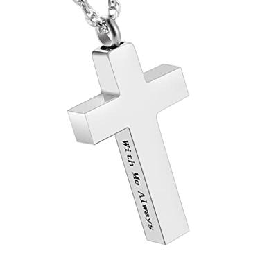 Imagem de Colar de cruz de cremação para cinzas de aço inoxidável com pingente de urna com cruz de cinzas, joia memorial - With Me Always, 3.1cm x 1.9cm (Pendant), 50cm + 5cm (Chain), Aço inoxidável, Sem Pedra