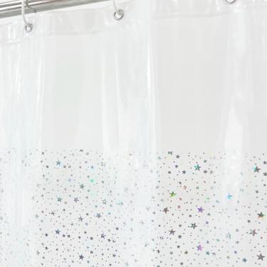 Imagem de Riyidecor PEVA Forro de cortina de chuveiro fino transparente, ímã ponderado, estrela holográfica de plástico, premium, leve, repelente de água, à prova de ferrugem, ilhó à prova de ferrugem para