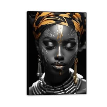 Imagem de Retratos de mulheres africanas pretas douradas impressões em tela pintura de parede de meninas negras para decoração moderna de sala de estar 100 x 70 cm (39 x 28 pol), moldura preta