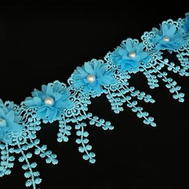Imagem de 2 jardas flor branca pérola contas borda acabamento fita apliques florais tecido renda costura renda para casamento vestido de noiva roupas fantasia chapéu decoração (azul, 2 jardas)