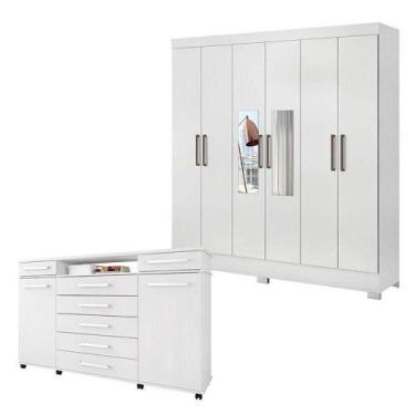 Imagem de Cômoda London E Guarda Roupa Casal Prático Branco Com Espelho - Demóbi