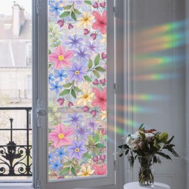 Imagem de Runtoo Película de privacidade para janela flores arco-íris adesivos de janela 3D vinil decorativo vitral jardim floral folhas decalques adesivo estático não adesivo, 43 x 101 cm