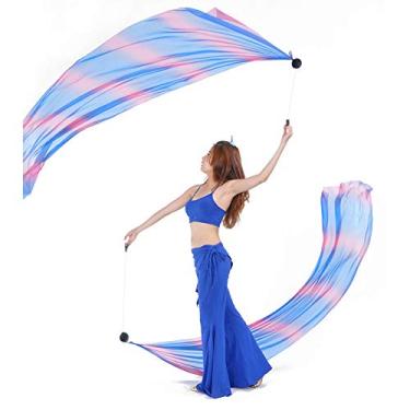 Imagem de BELLYANGEL 2 peças de véu de seda + 2 peças de bola de corrente Poi feminina dança do ventre Poi Streamer arremesso bola adereços de palco (DARKBLUE Rose)