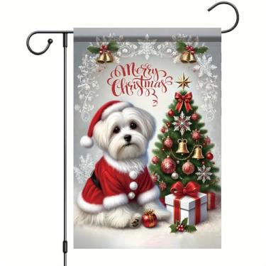 Imagem de Starlit Patio Bandeira de jardim de Natal bichon frise bandeira de cachorro fantasia de Papai Noel decoração de quintal de inverno dupla face banner externo caixa de presente caixa de presente sazonal
