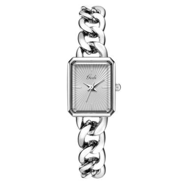 Imagem de Relógio feminino pequeno de luxo com corrente retangular, pulseira de quartzo, relógio de pulso feminino de aço inoxidável, dourado, prata, Prateado, cinza, Moda, vintage, luxo
