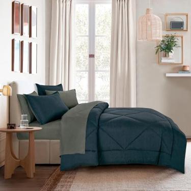 Imagem de ESCA Conjunto de edredom solteiro com lençol - 5 peças azul-petróleo e cinza em uma bolsa