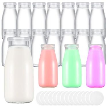 Imagem de TANEMUDO Pacote com 14 garrafas de leite pequenas de 250 ml com tampas transparentes minigarrafas reutilizáveis para suco, garrafas de vidro para suco de água potável, suprimentos de mel