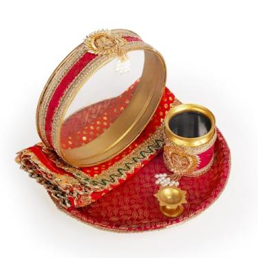 Imagem de Conjunto artesanal Karwa Chauth Thali com tigelas Diya e Kalash Decorado Prato de Aço com Artigos Essenciais de Pooja para Rituais de Festival e Presentes (Rosa e Dourado)