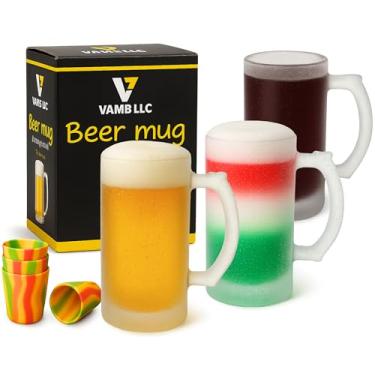 Imagem de VAMB LLC Caneca de cerveja grande fosca segura para freezer, caneca de cerveja pesada com alça e 2 cubos de gelo de aço inoxidável para homens, caneca de 473 ml (2 dados para beber incluídos)