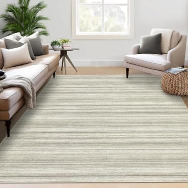 Imagem de GarveeHome Tapete de área listrado minimalista moderno lavável 12 x 17 cm - antiderrapante, não cai, tapete interno, pelo baixo, leve para quarto e sala de estar, bege