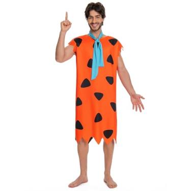 Imagem de Leevuyu Men Caveman Costume Adult Halloween Couple Costume Fred Tunic Plus Size Orange XXL