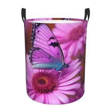 Imagem de Cesta de lavanderia com flor rosa roxa borboleta dobrável à prova d'água cesto de armazenamento de roupas com alças pano oxford organizador de brinquedos cesta para banheiro, lavanderia, quarto, médio