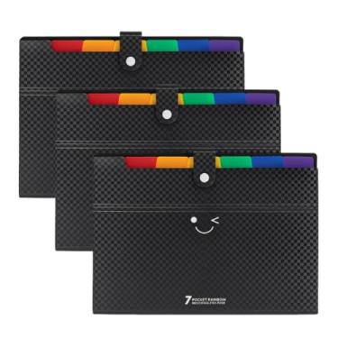 Imagem de Pasta Sanfonada A4 6 Divisórias Coloridas, Capa Texturizada Preta, 3 un, Capacidade 300 folhas