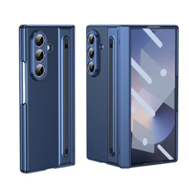 Imagem de CMYFUTNG Capa para Samsung Galaxy Z Fold 7 com caneta de escrita compacta integrada, textura de couro, proteção de dobradiça, carregamento sem fio, capa de telefone fina S Pen azul 23-Z Fold7-02