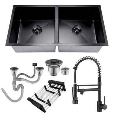 Imagem de Cuba Dupla Inox Preta Inox 75X41 + Torneira Monocomando Luxo