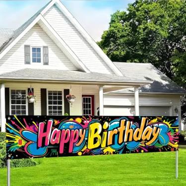 Imagem de BlissYard Banner grande de feliz aniversário, decoração em estilo grafite, 199 x 45 cm, para decoração de parede de cabine de celebração, faixa grande, para crianças, adultos, tecido de poliéster