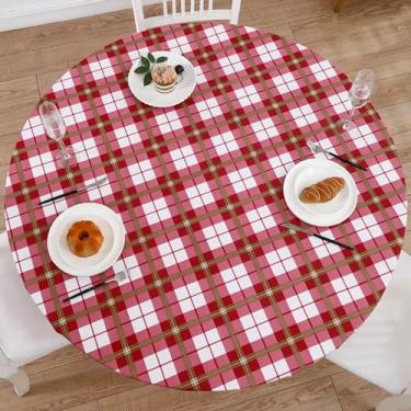 Imagem de Toalha de mesa redonda de vinil com forro de flanela, design de borda elástica, impermeável, à prova de óleo, toalha de mesa de PVC resistente a manchas, melhor para 144,8 cm a 167,6 cm redonda