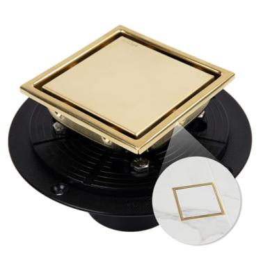 Imagem de Heaorld Ralo De Chuveiro Quadrado De 4 Polegadas Com Flange, Ouro Escovado, Reversível, 2 Em 1, Inserção De Azulejo, Grelha Removível, Kit De Ralo De Piso De Chuveiro De Aço Inoxidável 304, Coletor