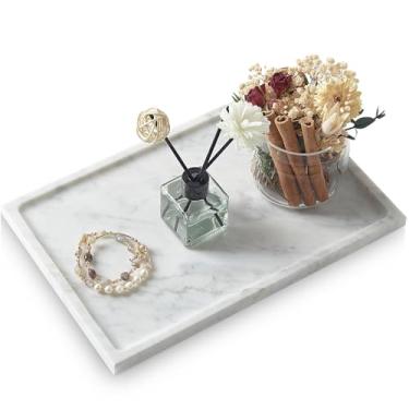 Imagem de Bandeja de banheiro de mármore, bandeja de pedra única, bandeja de mármore natural puro, bandeja de mármore para balcão de cozinha sem cola/não cerâmica/sem resina, 30 x 20 cm (branca)