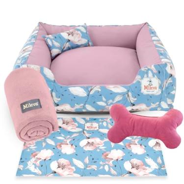 Imagem de Cama Pet Oxford + manta + Brinquedo Ossinho + Tapetinho Estampado 05 Peças - Jardine - Premium 1 (70x70 cm, Camponesa)