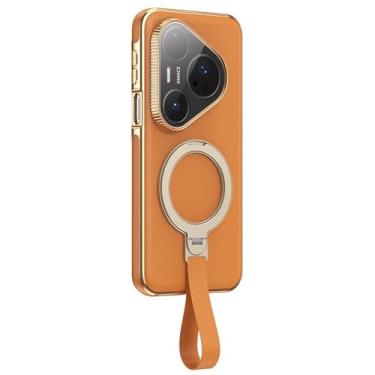 Imagem de LTLMYDAM Capa de revestimento para Huawei Pura 80 Ultra/80 Pro/80 Pro+/80, anel magnético com alça de dedo capa de couro suporta carregamento sem fio, laranja, 80 Pro
