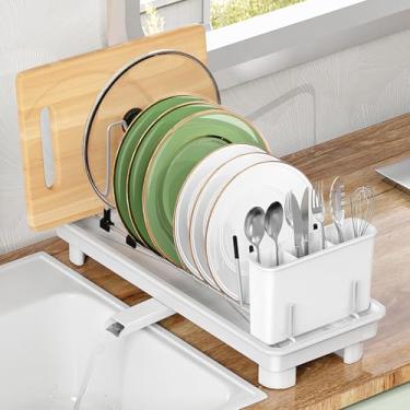Imagem de Escorredor de pratos pequeno, escorredor de pratos compacto para balcão de cozinha, escorredor de pratos de aço inoxidável, coador de pratos com suporte de talheres, branco