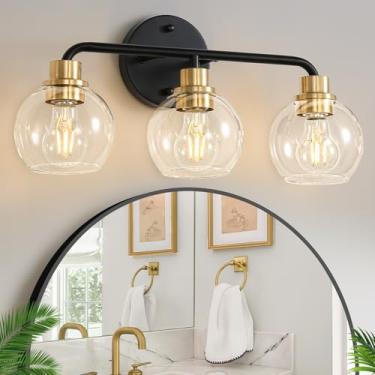 Imagem de 3 luzes para banheiro, luminárias de banheiro pretas e douradas com sombra de vidro transparente, arandelas de parede modernas, luzes de parede para banheiro, lâmpada para espelho, cozinha, sala de