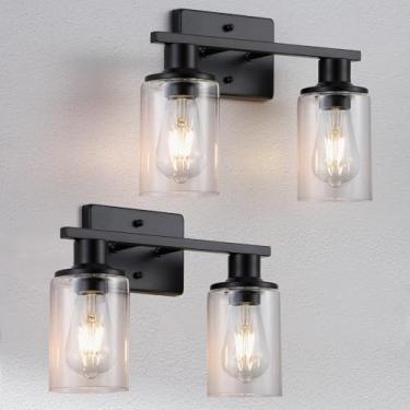 Imagem de Litaddscen Pacote com 2 luminárias de banheiro preto fosco sobre o espelho, 2 lâmpadas de banheiro com sombra de vidro transparente, arandelas de parede de fazenda moderna para espelho cozinha armário