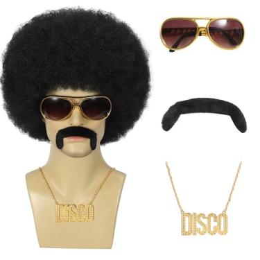 Imagem de Peruca afro masculina, conjunto de 5 peças de peruca + óculos + colar + bigode + touca de peruca fantasia dos anos 70 peruca discoteca para homens peruca de cabelo sintético encaracolado preto natural