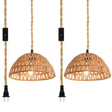 Imagem de Pacote com 2 lâmpadas penduradas em vime de 25,9 cm com interruptor, cordão de cânhamo boho trançado de vime abajur com plugue de cabo, luminária de teto para sala de estar, quarto, cozinha