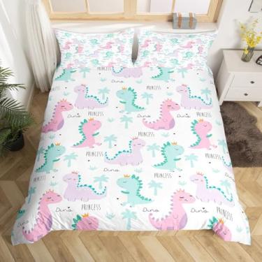 Imagem de Jogo de cama de dinossauro, solteiro, crianças, fofo, rosa, roxo, dinossauros, desenho kawaii, dinossauros, capa de edredom selva, animais antigos, pinheiro, capa de edredom para decoração de quarto